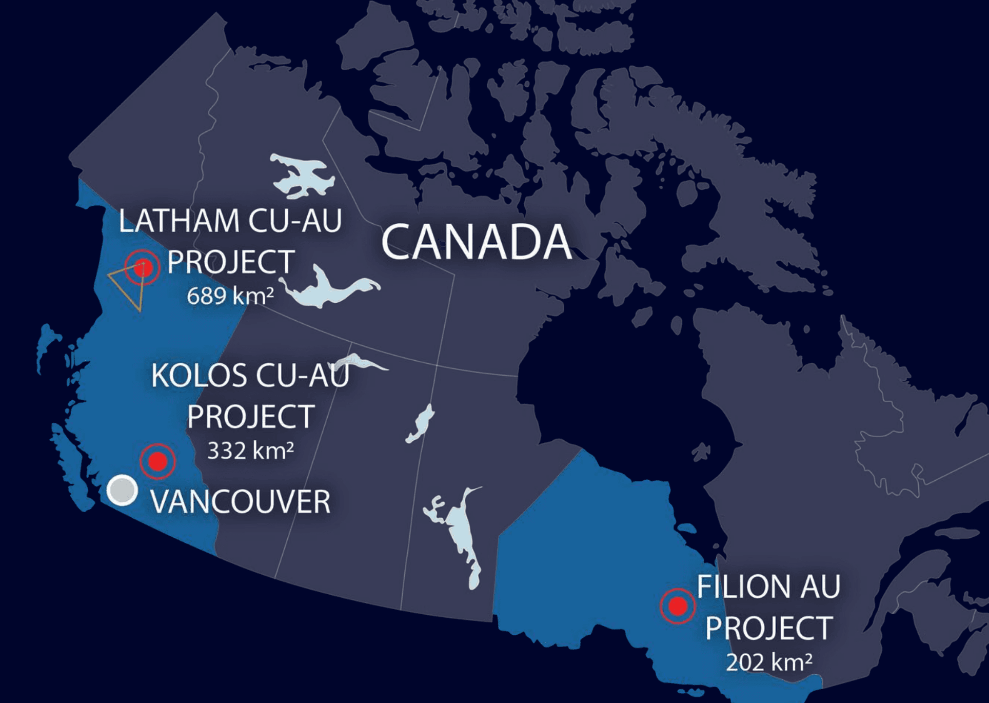 Map of Canada showing Torr Metals' Kolos and Latham projects in British Columbia and Filion project in Ontario